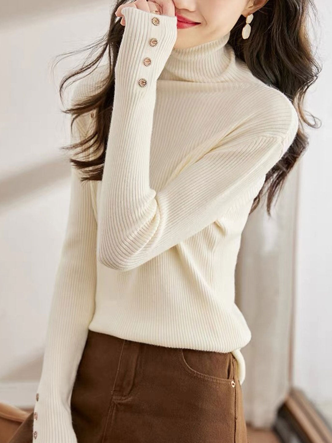 Jessica Turtleneck Solid Color Knitted Button Top