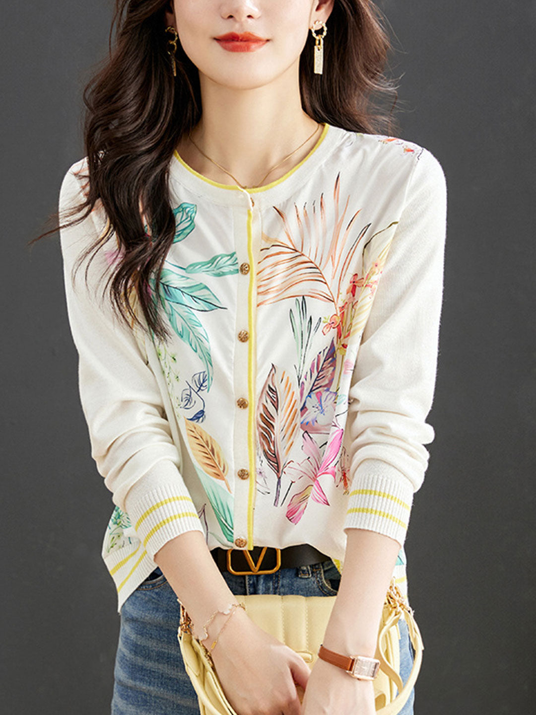 Sophia Loose Crew Neck Printed Knitted Cardigan