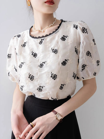 Mariah Vintage Puff Sleeve Embroidered Chiffon Top