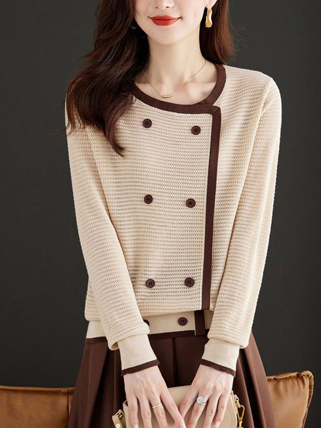 Sophia Loose Crew Neck Knitted Pullover Top-Coffee