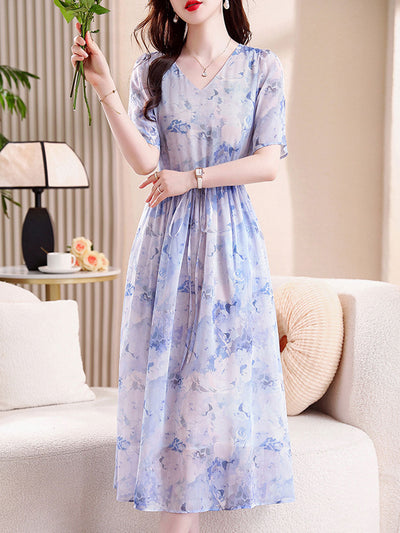 Mariah Classic V-neck Printed Tie Chiffon Dress