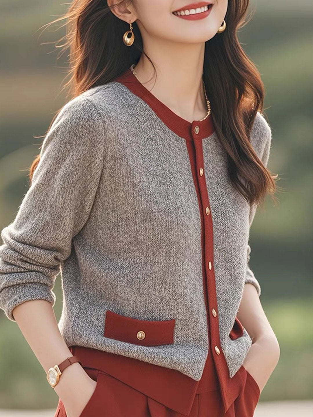 Isabella Loose Crew Neck Contrast Knitted Cardigan