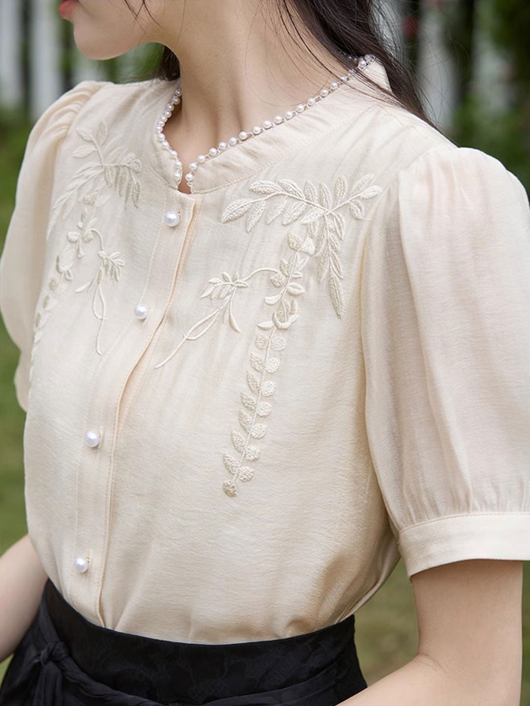 Katelyn Classic Puff Sleeve Embroidered Pearl Top