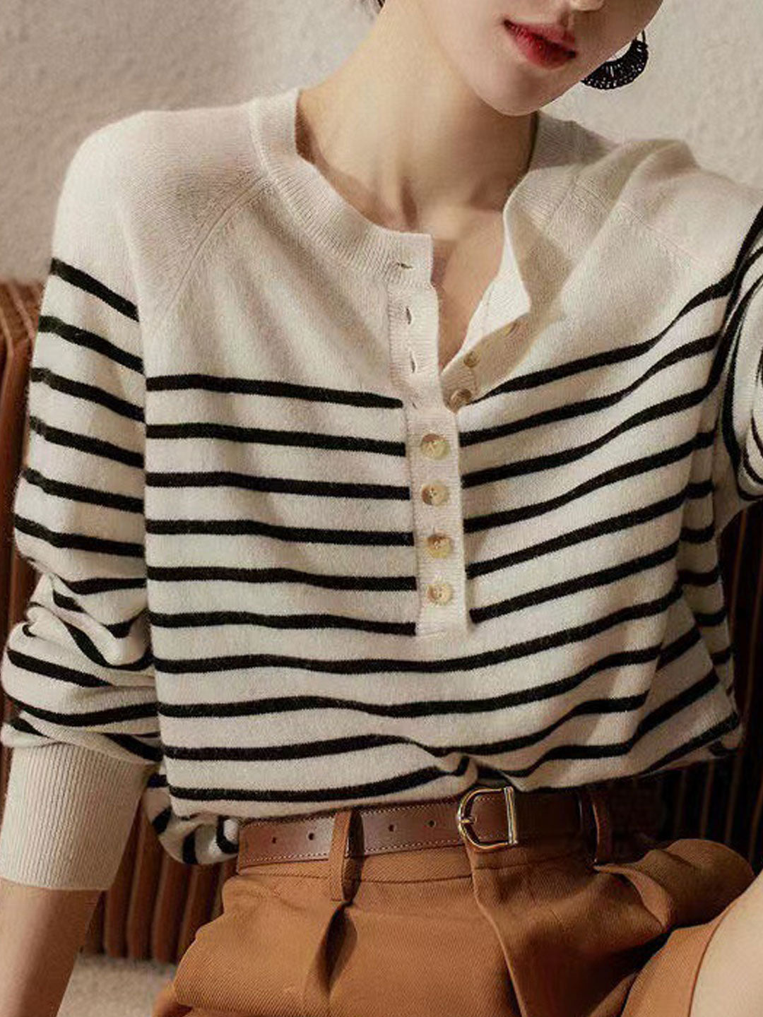 Hannah Loose Lantern Sleeve Striped Knitted Sweater