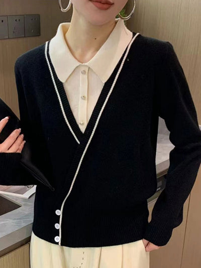 Kayla Casual Lapel Contrast Knitted Cardigan