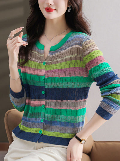 Hannah Classic Crew Neck Striped Knitted Cardigan