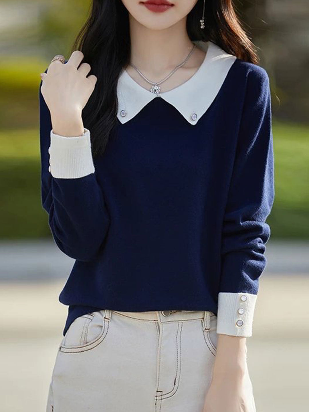 Brooke Loose Lapel Contrast Knitted Sweater