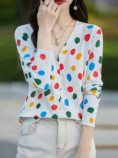 Sophia Classic Crew Neck Polka Dot Printed Cardigan