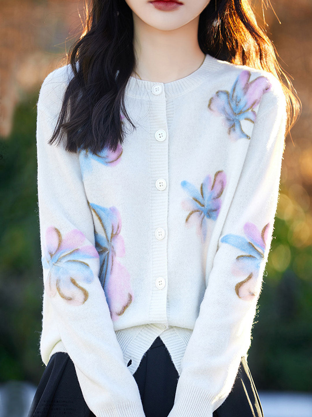 Zoe Causal Crew Neck Floral Knitted Cardigan