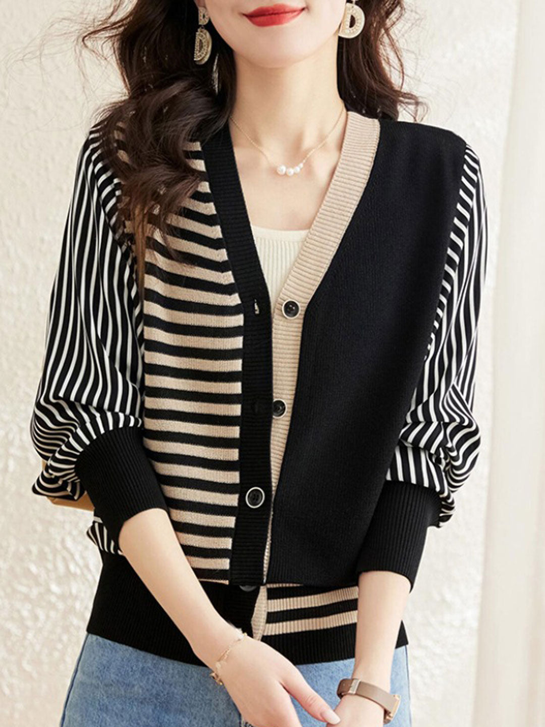 Trinity Casual V-Neck Striped Knitted Cardigan-Black