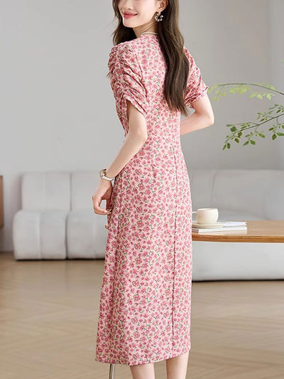 Bella Elegant V-Neck Floral Printed Silk Dress