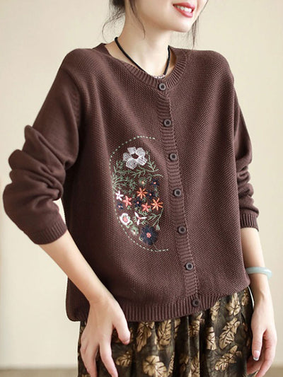 Brianna Retro Crew Neck Embroidered Knitted Cardigan