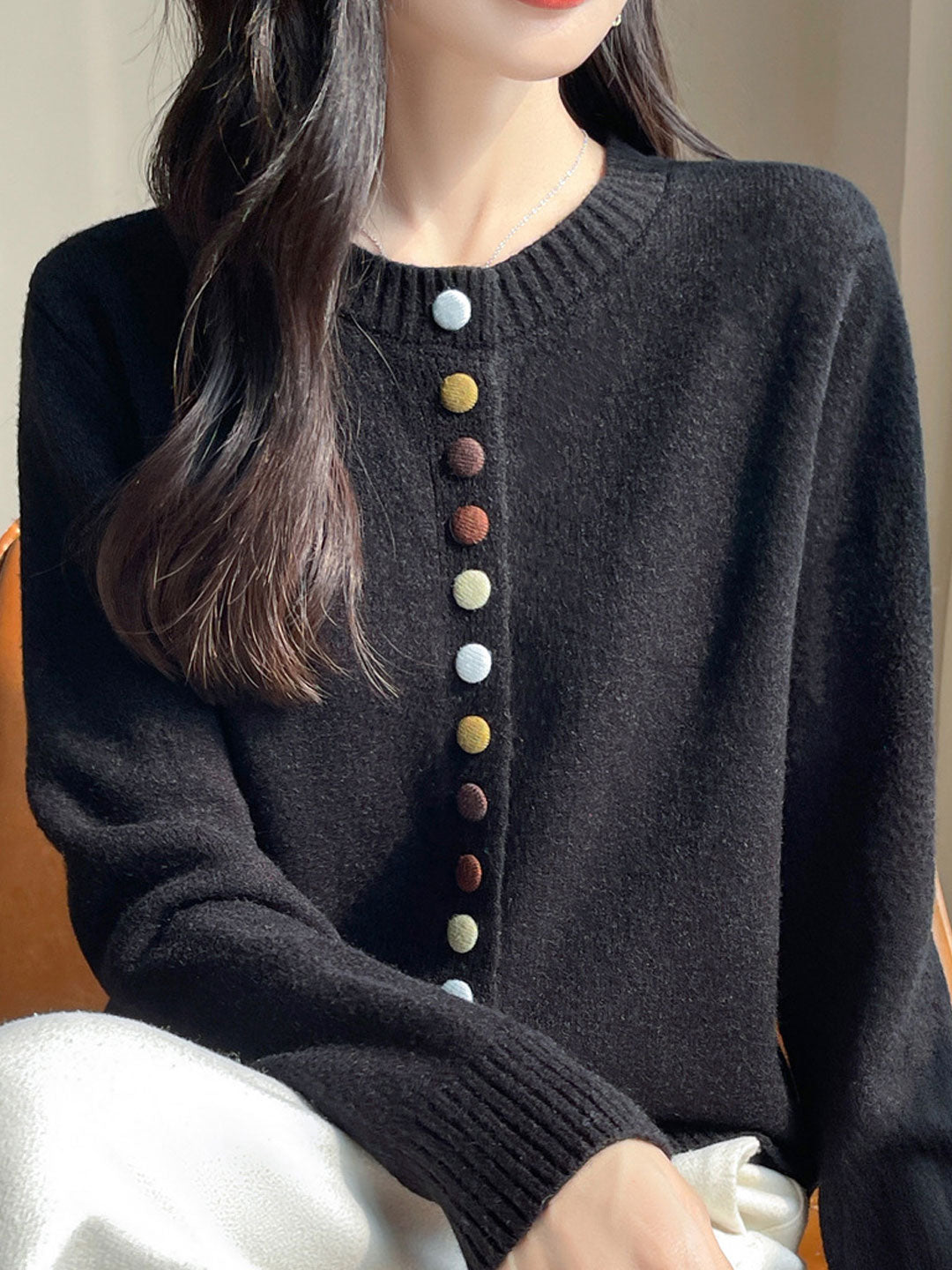 Sophia Classic Crew Neck Colorful Button Knitted Cardigan