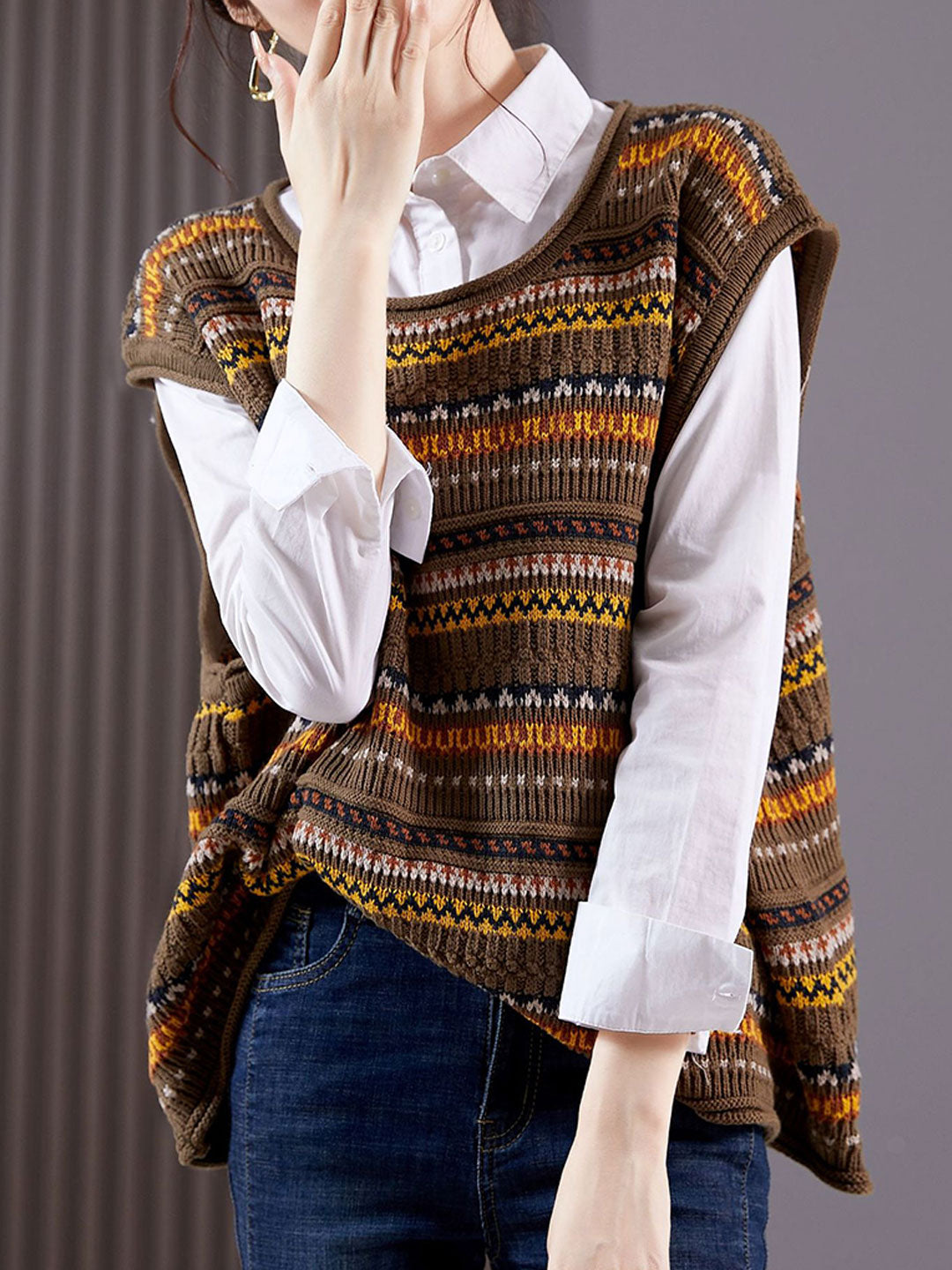 Ashley Casual Crew Neck Striped Hollowed Knitted Vest