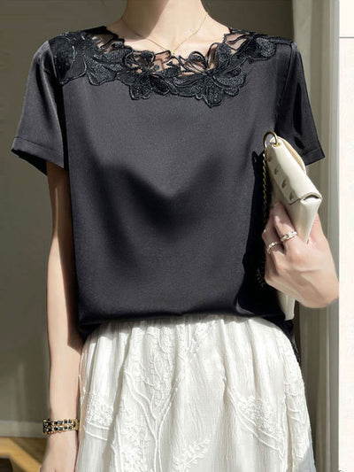 Claire Classic Crew Neck Satin Lace Patchwork Top