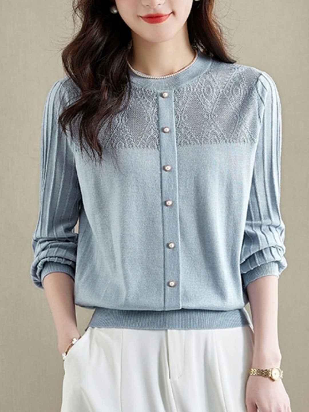 Brianna Elegant Crew Neck Puff Sleeve Knitted Top