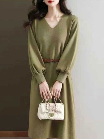 Lauren Classic Solid Color Lantern Sleeve Knitted Dress