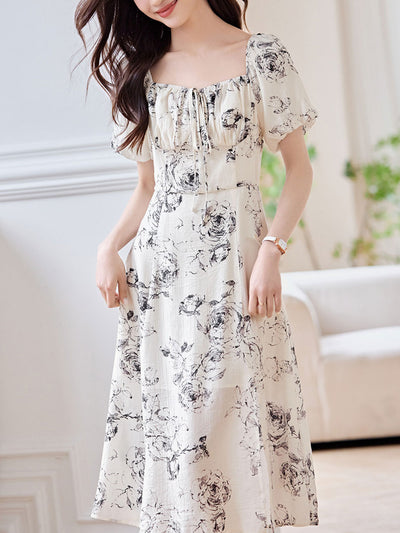 Selina Classic Square Neck Puff Sleeve Floral Dress