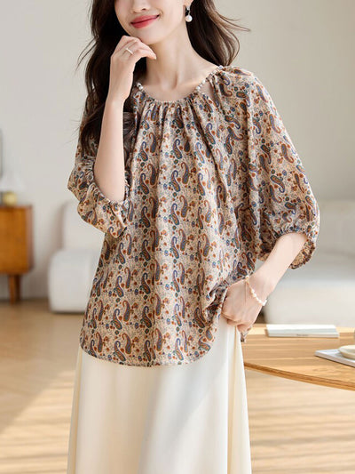 Amy Loose Crew Neck Printed Chiffon Top