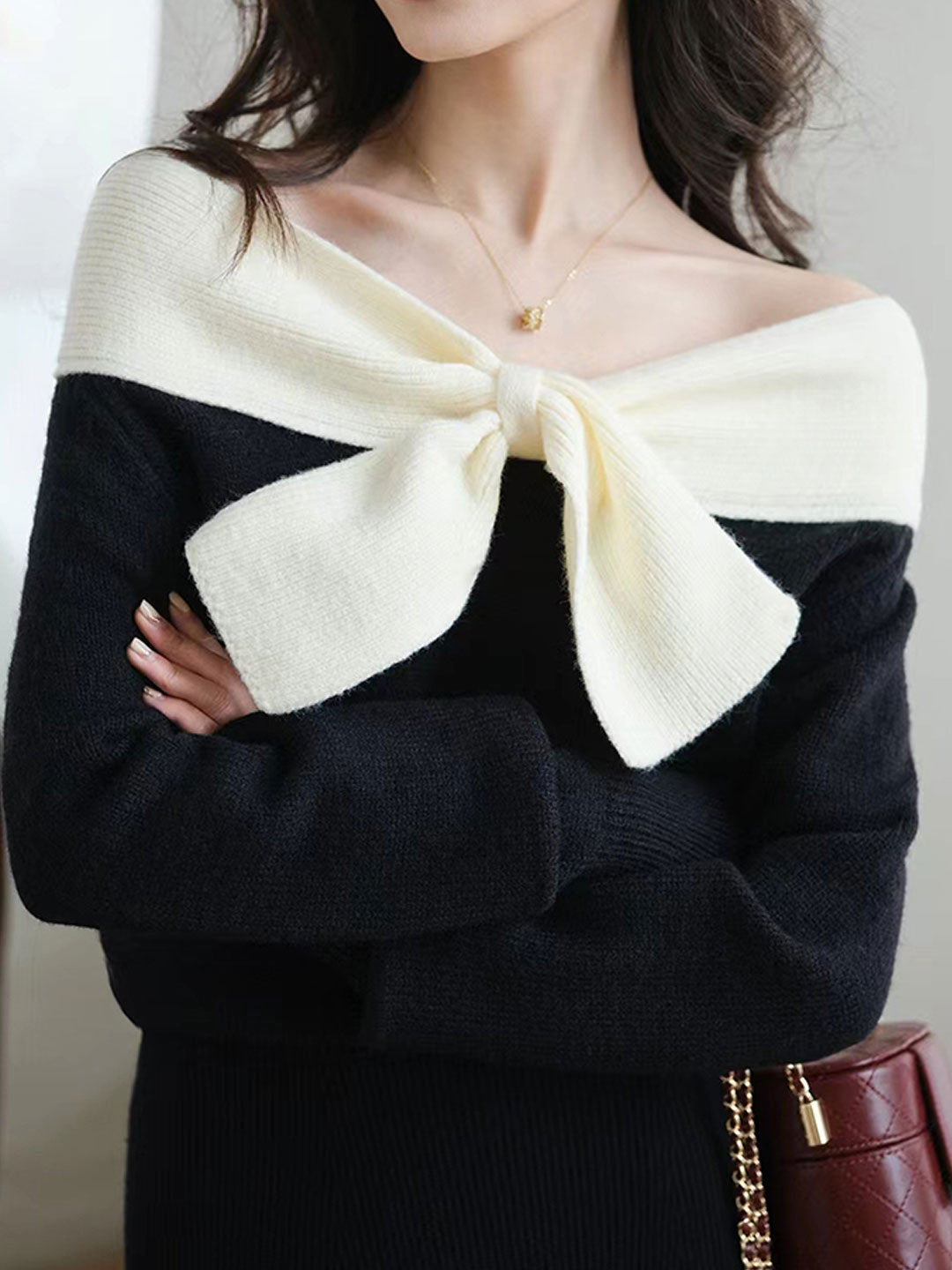 Lauren Elegant Off-Shoulder Knitted Bow Top