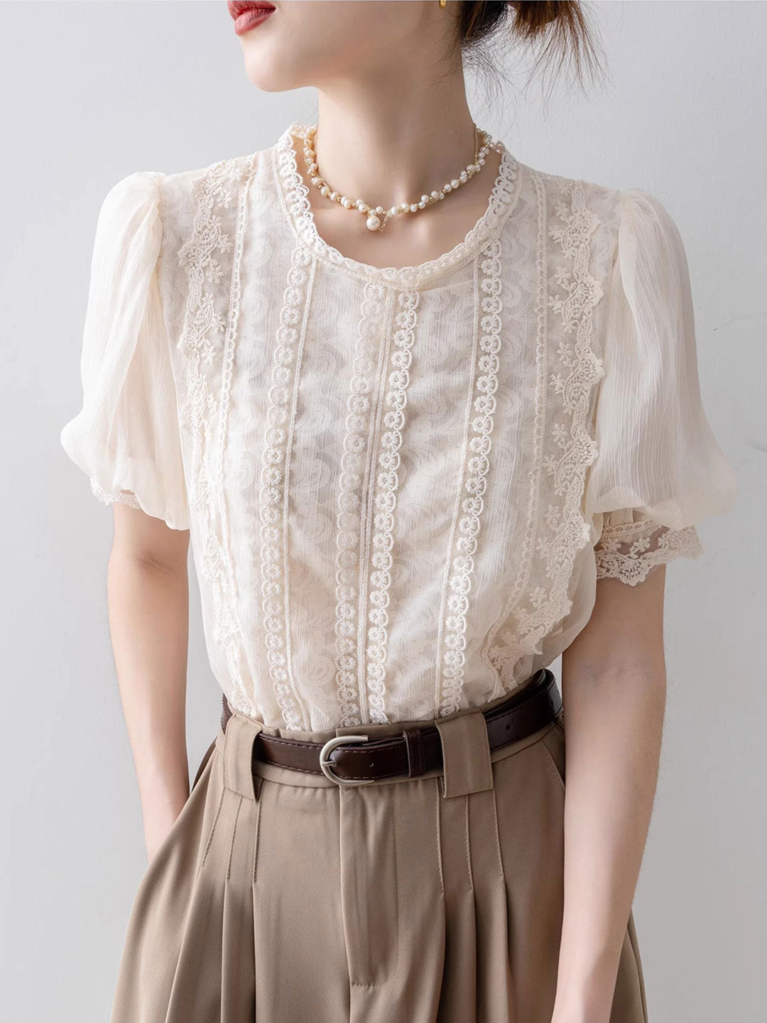 Lillian Retro Crew Neck Puff Sleeve Lace Chiffon Blouse