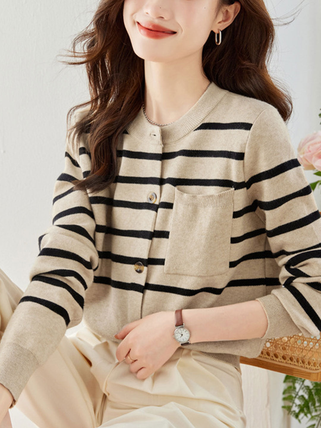 Eva Classic Crew Neck Striped Knitted Cardigan