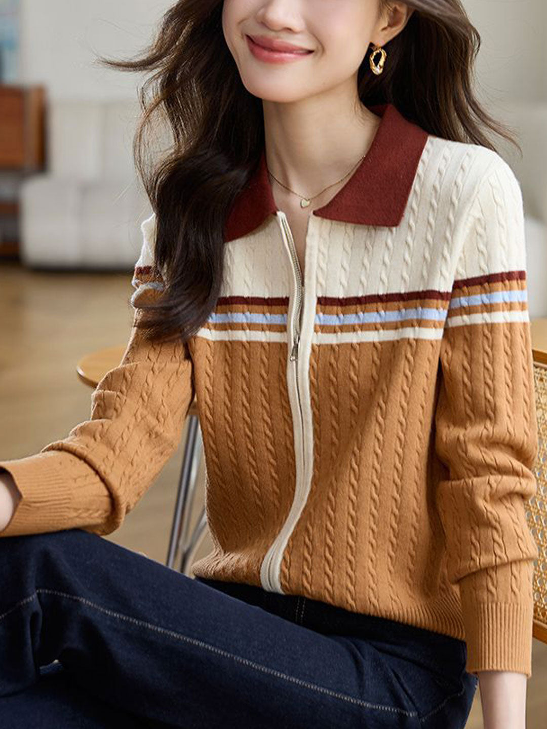 Zoe Retro Polo Collar Contrasting Knitted Cardigan