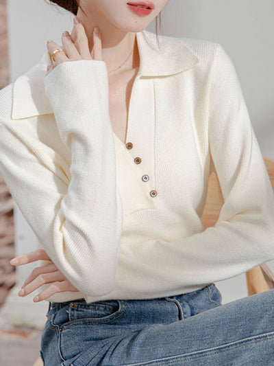 Valeria Lapel Solid Color Knitted Top