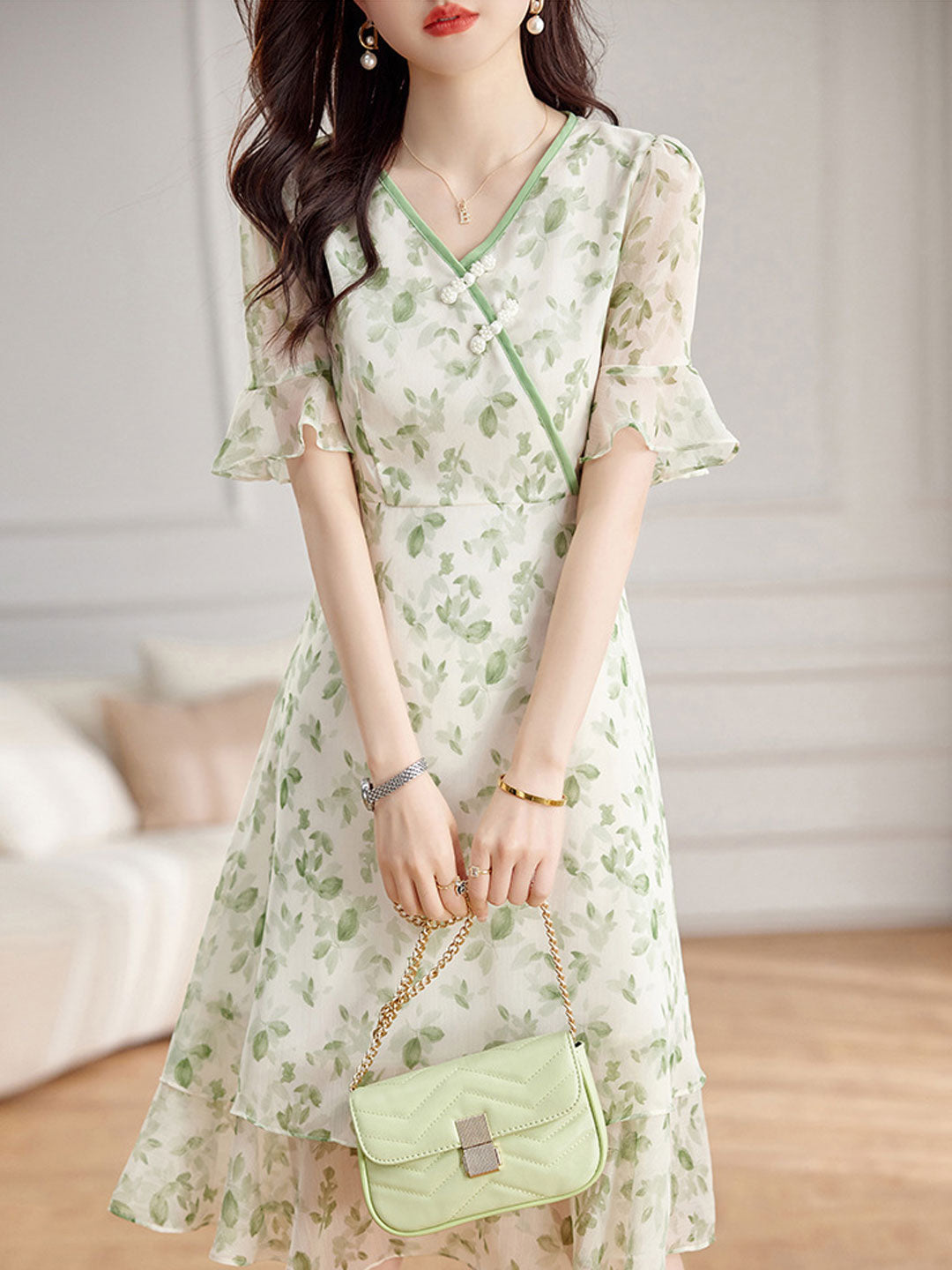 Brianna Elegant Flare Sleeve Printed Chiffon Dress