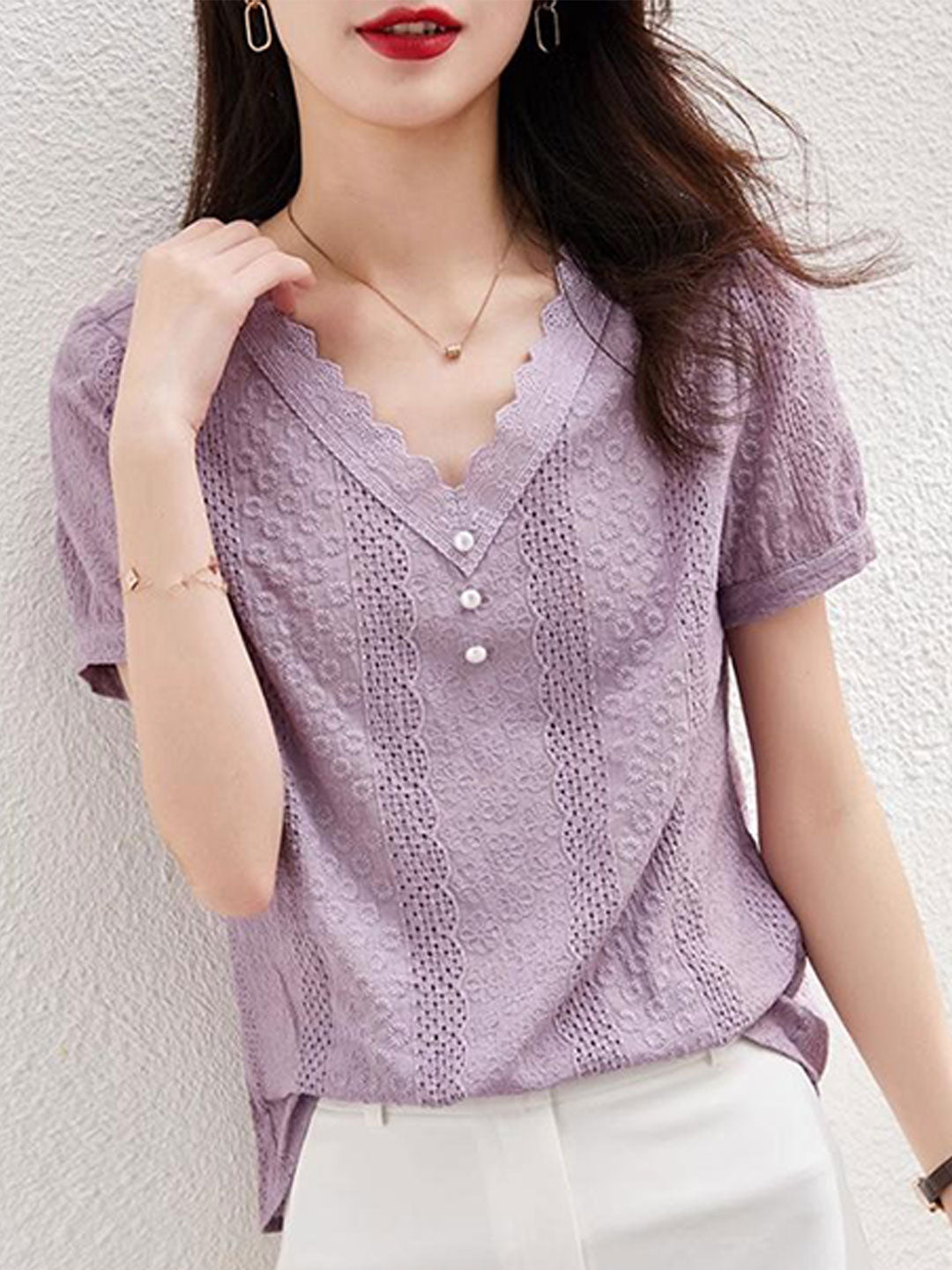 Julia Classic V-Neck Lace Chiffon Top