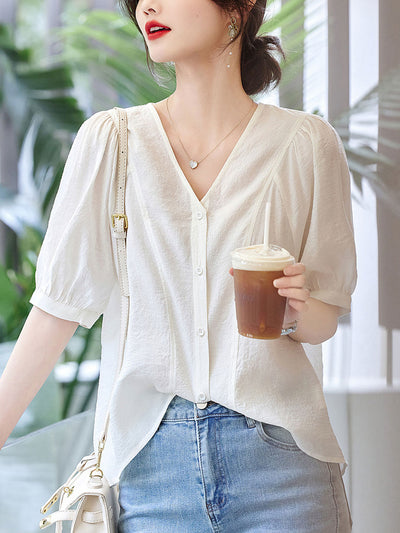 Amelia Casual V-Neck Solid Color Top