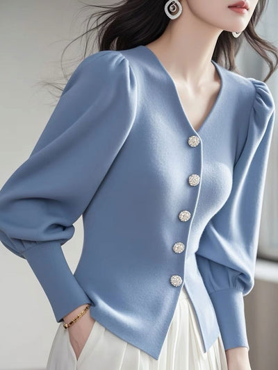 Mia Elegant V-Neck Puff Sleeve Solid Color Knitted Cardigan