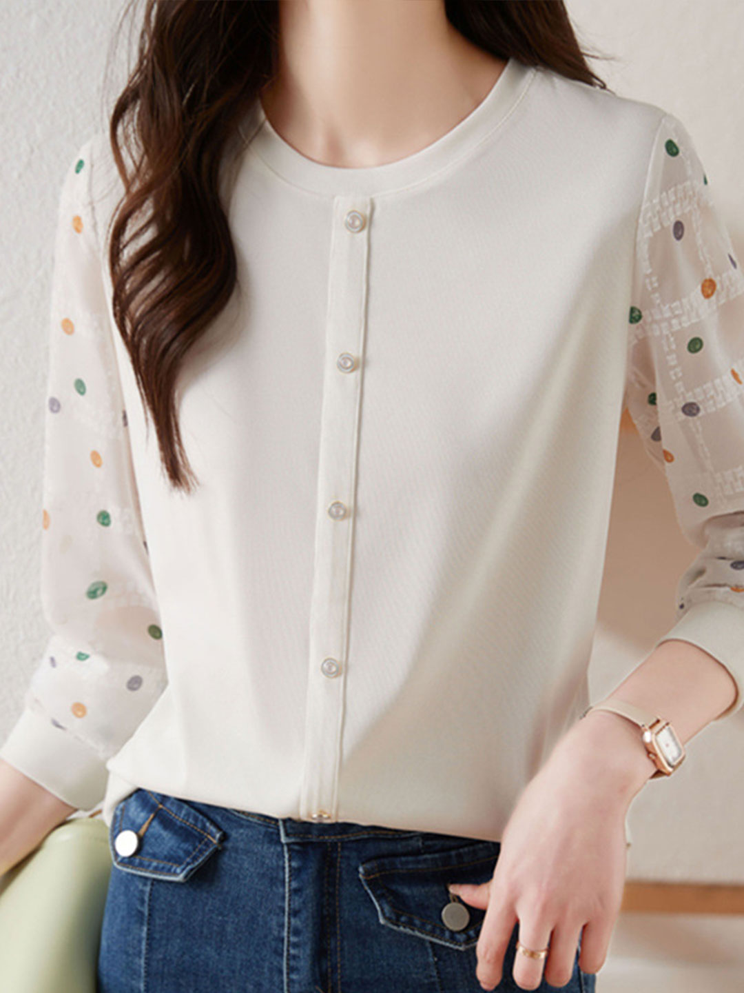 Jessica Classic Polka-Dot Chiffon Sleeve Knitted Top