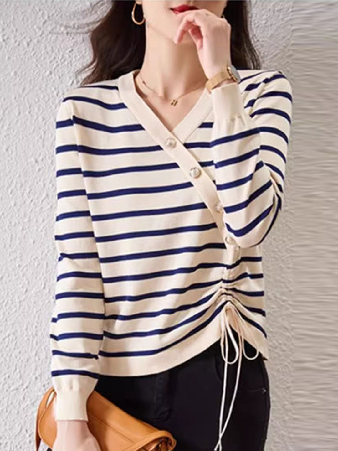 Abigail Casual V-Neck Drawstring Striped Knitted Top