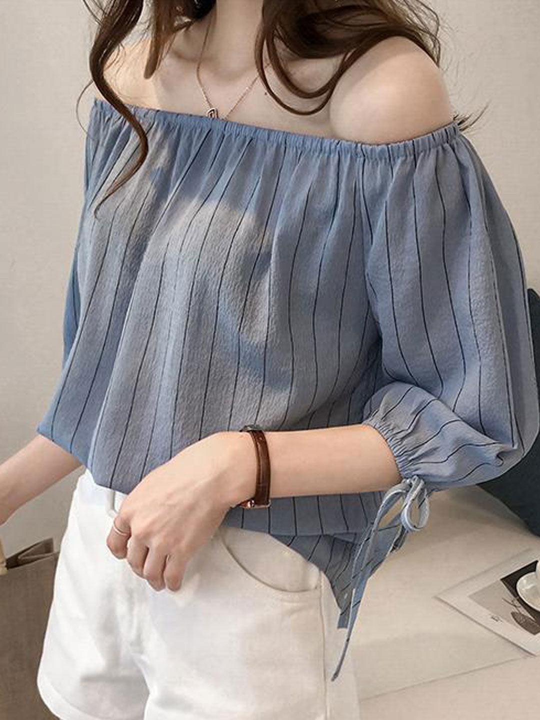 Molly Loose Lantern Sleeve Off-Shoulder Striped Top