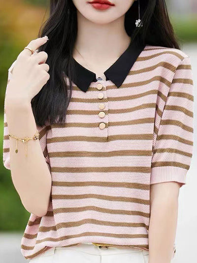 Mia Casual Polo Collar Striped Knitted Top