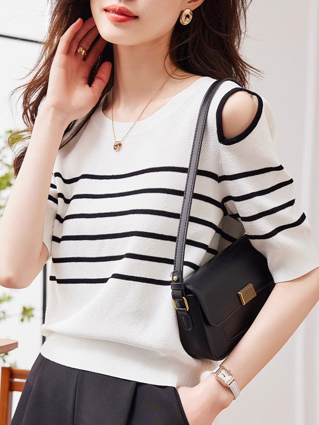 Lauren Casual Off-The-Shoulder Striped Knitted Top