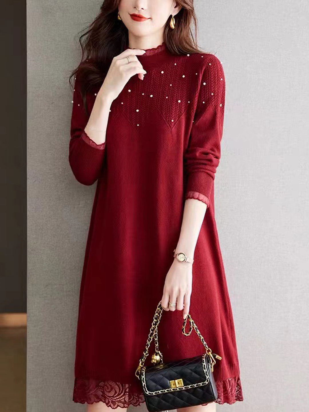 Mariah Elegant Crew Neck Beaded Knitted Dress