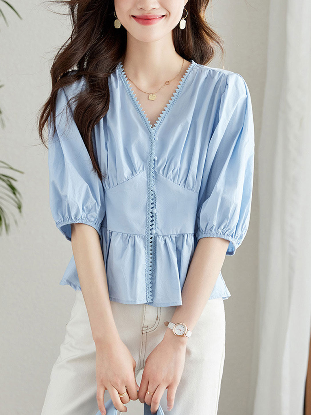 Anna Loose V-Neck Lantern Sleeve Cotton Top