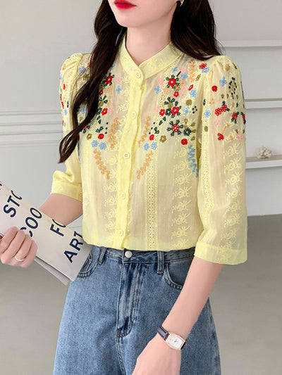 Brianna Vintage Embroidered Jacquard Top-Yellow