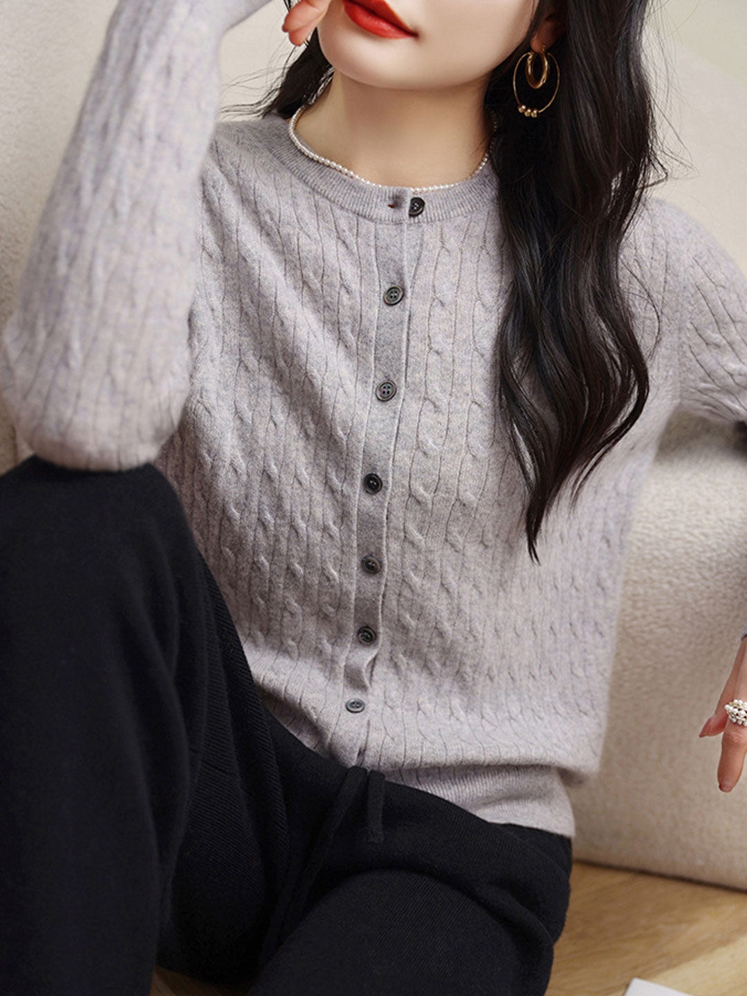 Claire Casual Crew Neck Solid Color Knitted Cardigan