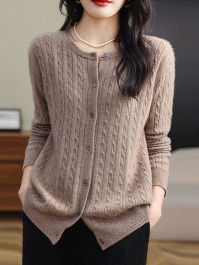 Claire Casual Crew Neck Solid Color Knitted Cardigan