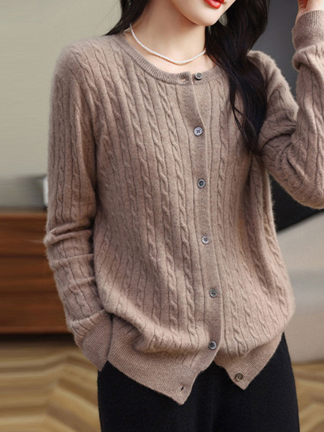 Claire Casual Crew Neck Solid Color Knitted Cardigan