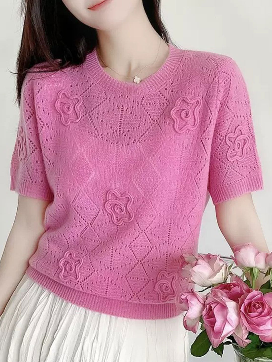 Olivia Three-Dimensional Flower Hollowed Knitted Top