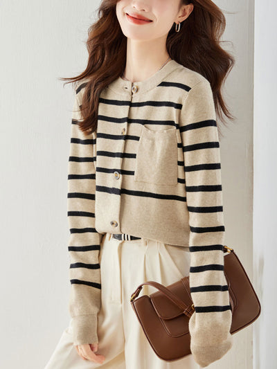 Eva Classic Crew Neck Striped Knitted Cardigan