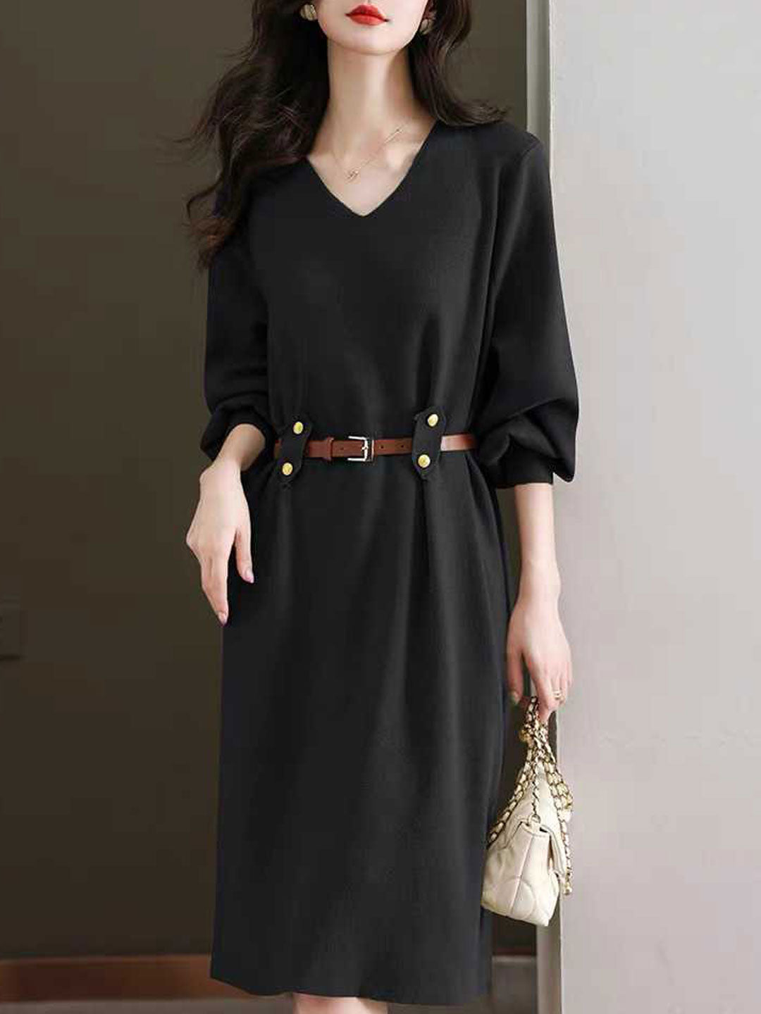 Lauren Classic Solid Color Lantern Sleeve Knitted Dress