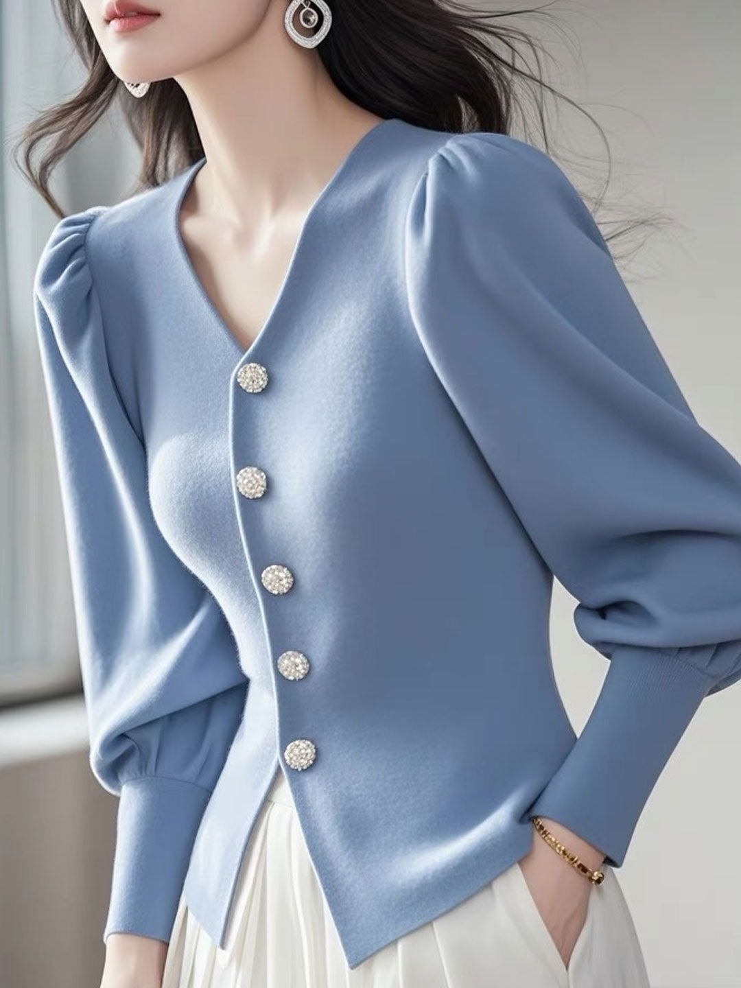 Mia Elegant V-Neck Puff Sleeve Solid Color Knitted Cardigan