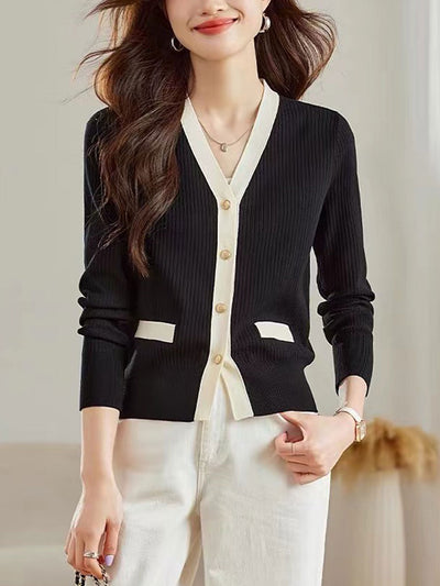 Mia Elegant V-Neck Contrast Knitted Cardigan