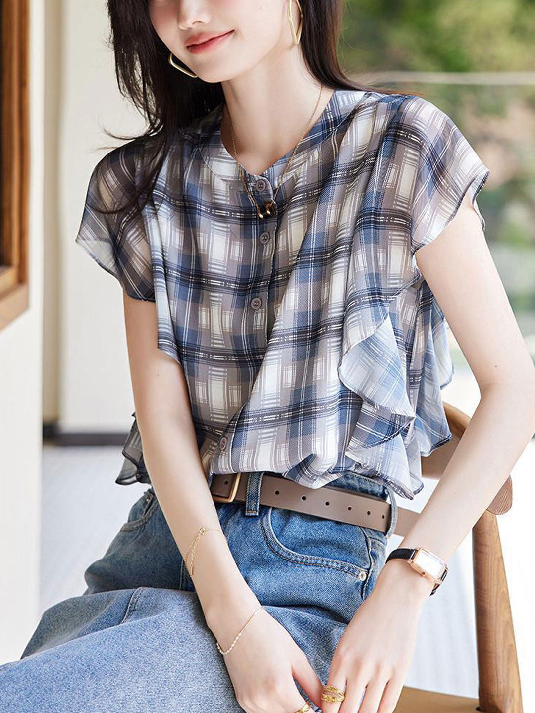 Rachel Casual Crew Ruffled Plaid Chiffon Top