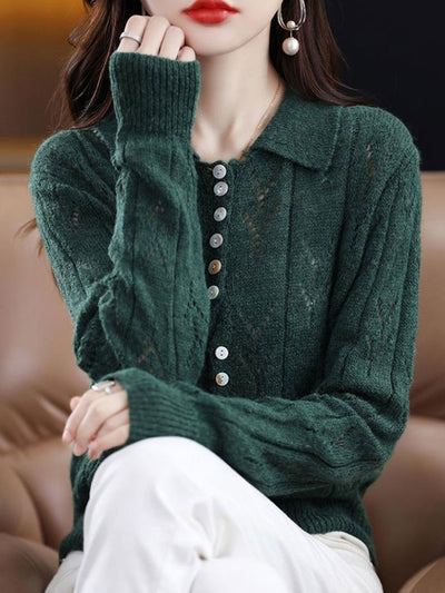 Natalie Polo Collar Solid Color Hollowed Knitted Cardigan